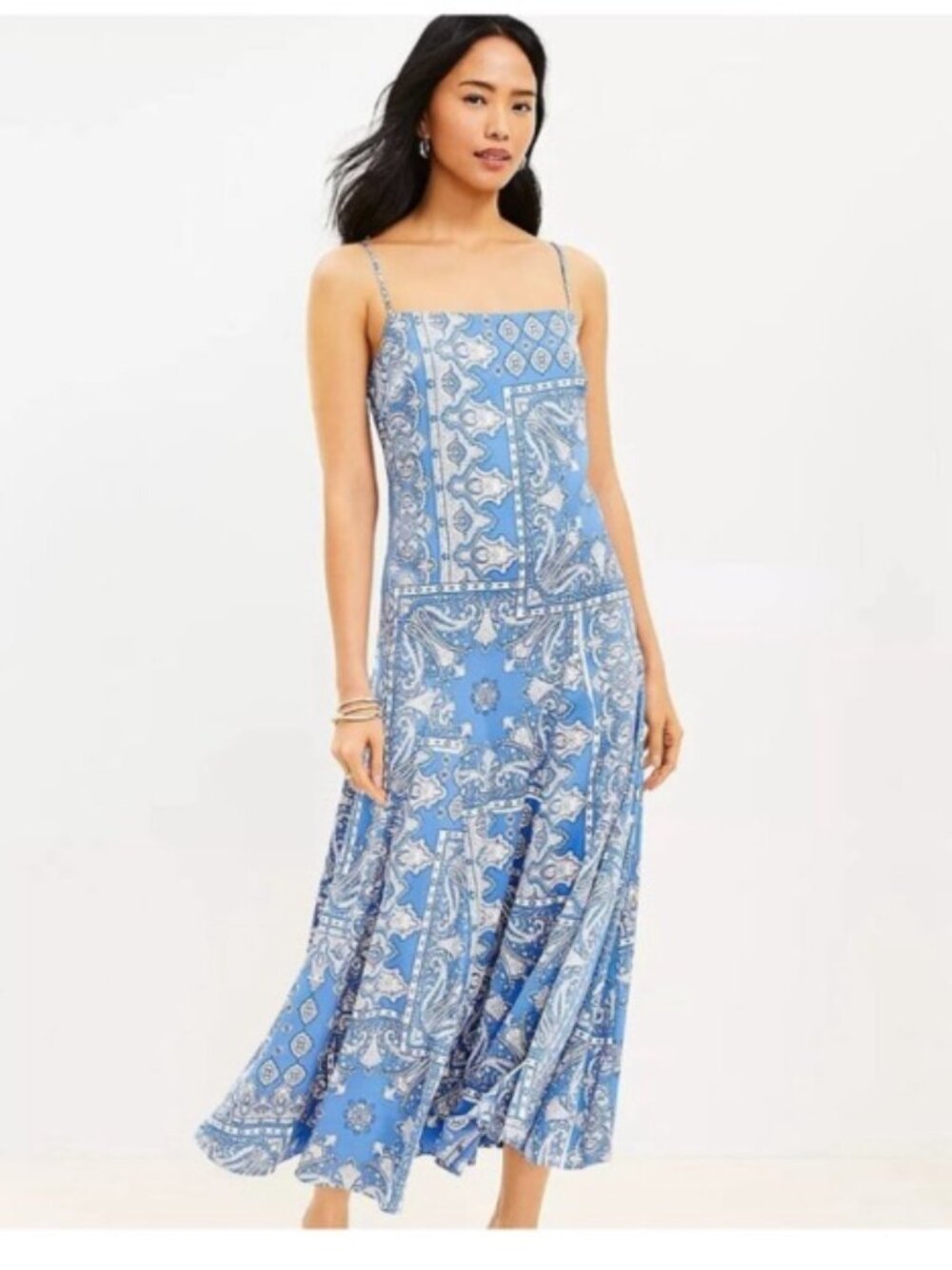 NWT LOFT Bandana Print Satin Midi Slip Dress Blue White Coastal - Size 14
